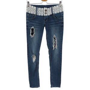 Blue Spice Juniors 7 White Lace Trim Distressed Blue Denim Jeans Skinny Y2K